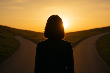 美しい夕日を前に、二つの道が分かれる岐路に立つ女性のシルエット。人生の選択、キャリアの決断、そして未来への希望と不確実性を象徴する、エモーショナルでコンセプチュアルなイメージ。