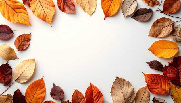 Autumn leaves frame on white background, seasonal decoration concept, colorful foliage border, fall season natural design - Powered by Adobe