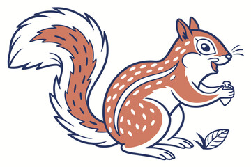 Fototapeta premium Cartoon Squirrel Holding Nut in Outline Style on White Background