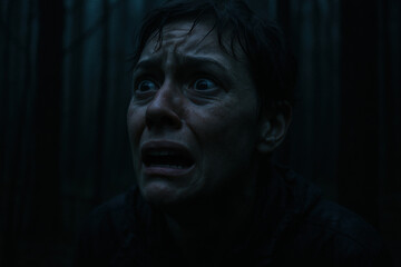 Desperate cry of Fear: A close-up, emotionally charged portrait of a woman expressing raw, unadulterated fear in a dimly lit forest, her face etched with desperation and distress.