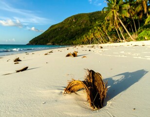 Pristine tropical beach with coconut husks