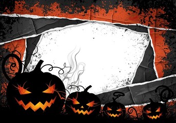 Photo of a grunge halloween background with torn paper effect, featuring spooky jackolanterns and ample white space for text or design elements