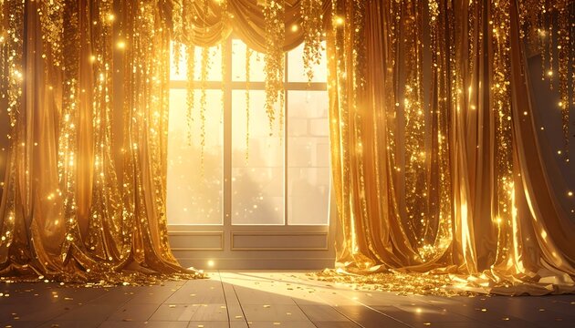 A lavish, golden room with shimmering curtains and sunlight streams through a window.