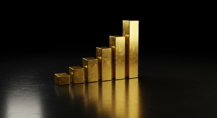 A golden 3D bar chart rising from a reflective black surface