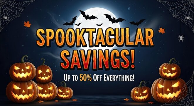 Photo of spooktacular savings halloween sale banner with pumpkins, bats, and a full moon, offering up to 50 off everything for a limited time promotion