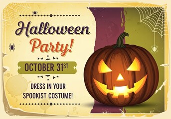Photo of vintage halloween party invitation with a spooky pumpkin and retro design elements, perfect for a festive october 31st celebration