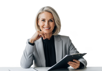 Professional senior businesswoman holding clipboard smiling and thinking strategic planning presentation isolated on transparent background
