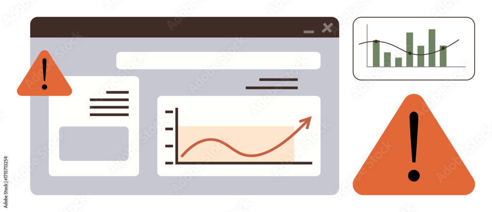 Poster rising red trend line on a data dashboard with exclamation signs. ideal for performance monitoring, 