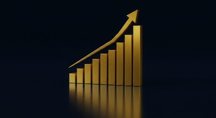 A golden 3D bar chart rising from a reflective black surface
