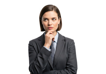 Thoughtful businesswoman in suit posing and thinking deeply, isolated portrait with transparent background for design and compositing isolated on transparent background