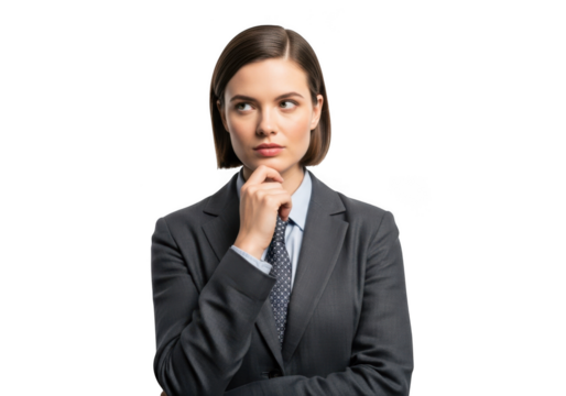 Thoughtful businesswoman in suit posing and thinking deeply, isolated portrait with transparent background for design and compositing isolated on transparent background