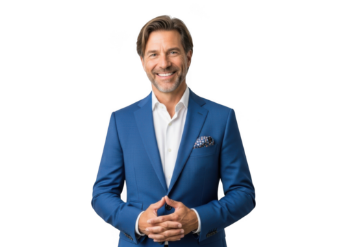 Professional businessman in blue suit smiling portrait, confident executive, corporate leader, handsome man, isolated on transparent background - Powered by Adobe