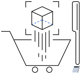 Shopping cart beneath scanned 3D cube with barcode scanner nearby. Ideal for e-commerce, technology, retail, logistics, automation, programming, and digital transformation. Simple flat metaphor
