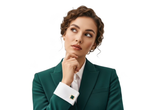 Thoughtful businesswoman pondering strategy, curly hair, green suit, isolated portrait, looking up, isolated on transparent background - Powered by Adobe