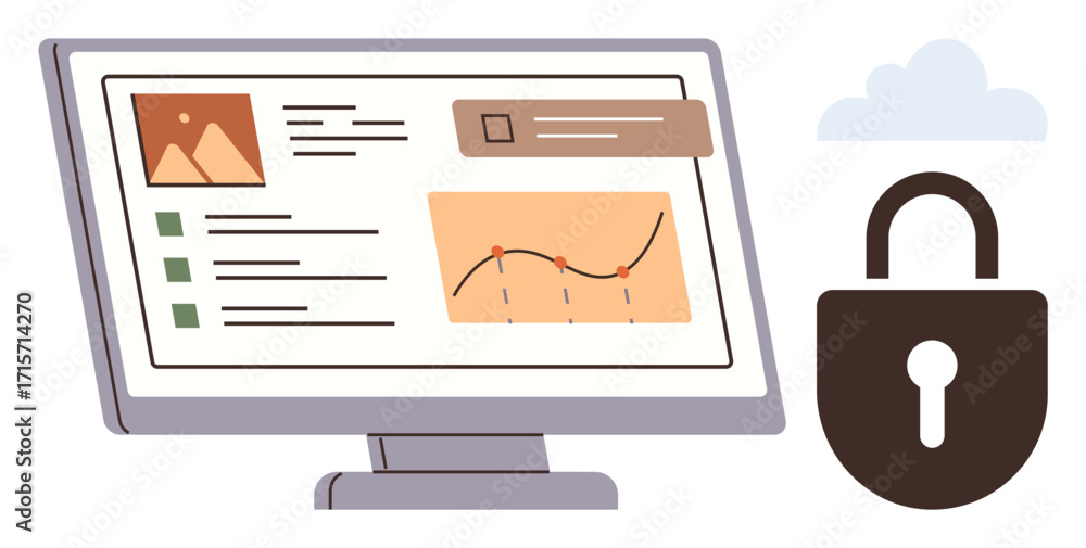 Aufkleber computer monitor displaying data reports with chart and document elements beside a lock sign. ideal 
