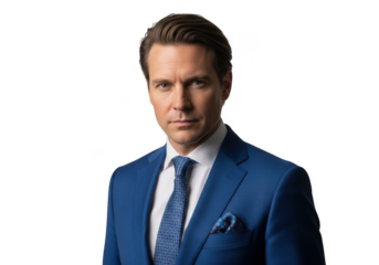 Professional headshot of a confident businessman in blue suit, portrait photography, business attire, corporate image, formal wear, isolated on transparent background