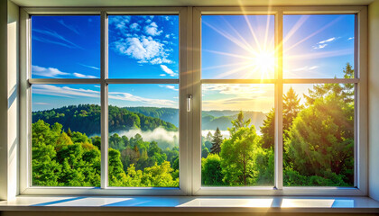 Bright morning sunbeams streaming through a clean window overlooking a serene, lush green forest valley landscape with a beautiful blue sky