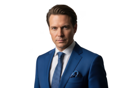 Professional headshot of a confident businessman in blue suit, portrait photography, business attire, corporate image, formal wear, isolated on transparent background