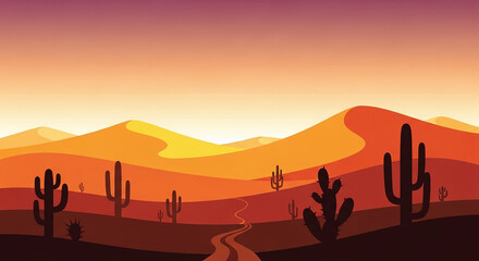 Fototapeta premium Vibrant desert landscape at sunset with saguaro cacti and rolling hills
