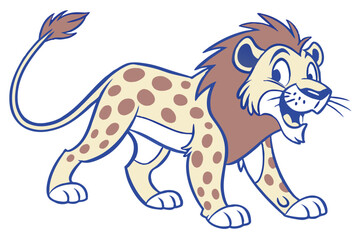 Cartoon Style Lion Walking on White Background with Spotty Fur,