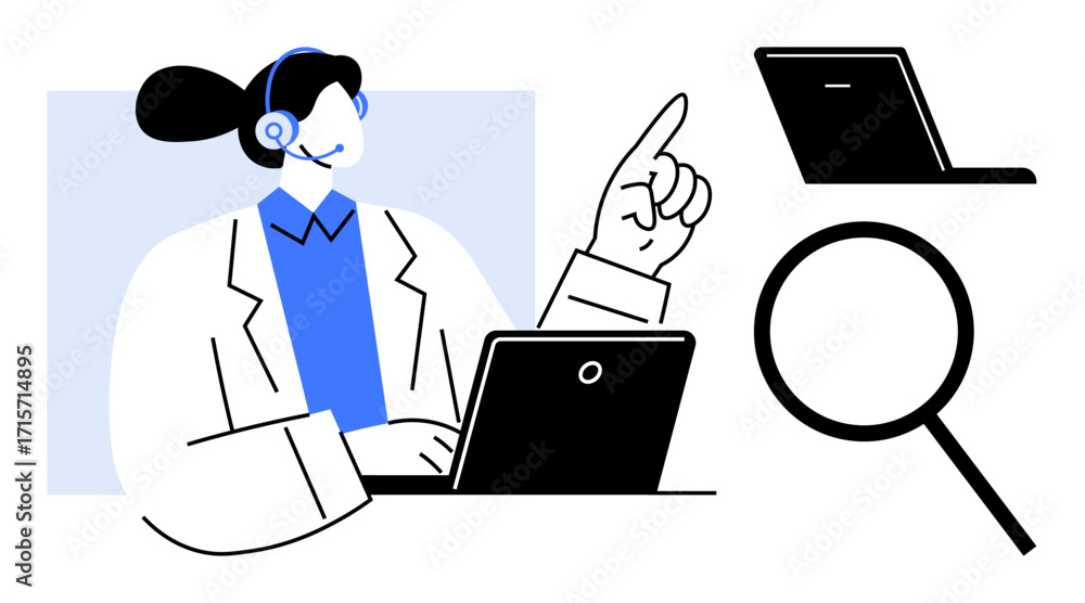Aufkleber professional with headset points to solution while using a laptop. magnifier suggests research, data