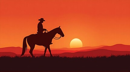 Western Cowboy Riding Horseback at Sunset with Dramatic Orange Sky