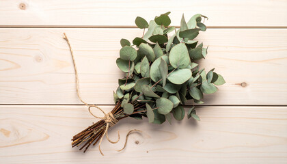 Freshly gathered bundle of aromatic eucalyptus leaves tied with natural twine, resting on a light rustic wooden surface, perfect for natural decor, wellness practices, or botanical essence inspiration
