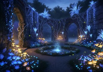 Enchanted garden with glowing flora and ancient architecture at night