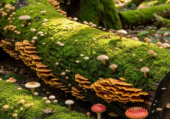 Enchanted forest floor, mossy log thriving with fungal diversity and natural wonder, featuring vibrant flora
