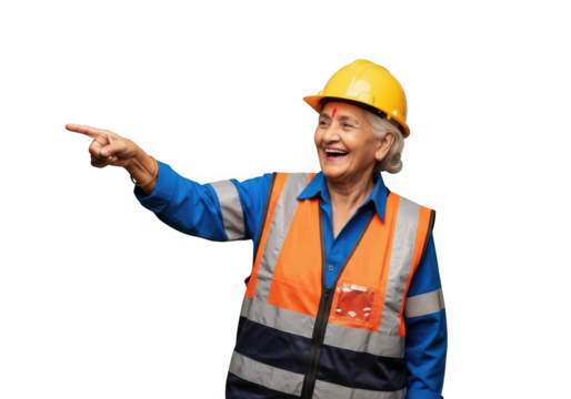 Smiling senior woman construction worker pointing with yellow hard hat and orange safety vest png image stock photo isolated on transparent background