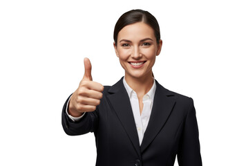Professional businesswoman giving thumbs up gesture, successful female entrepreneur, isolated on transparent background