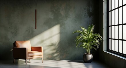 A minimalist living room corner featuring a single brown leather armchair bathed in sunlight, next to a potted palm plant and a dark green textured wall.