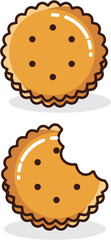 A vector illustration of two round biscuits: one whole and one with a bite taken out. It highlights the design of a simple cracker.