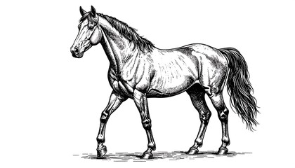 Detailed black and white illustration of a horse in motion, showcasing its muscular form and flowing mane and tail.