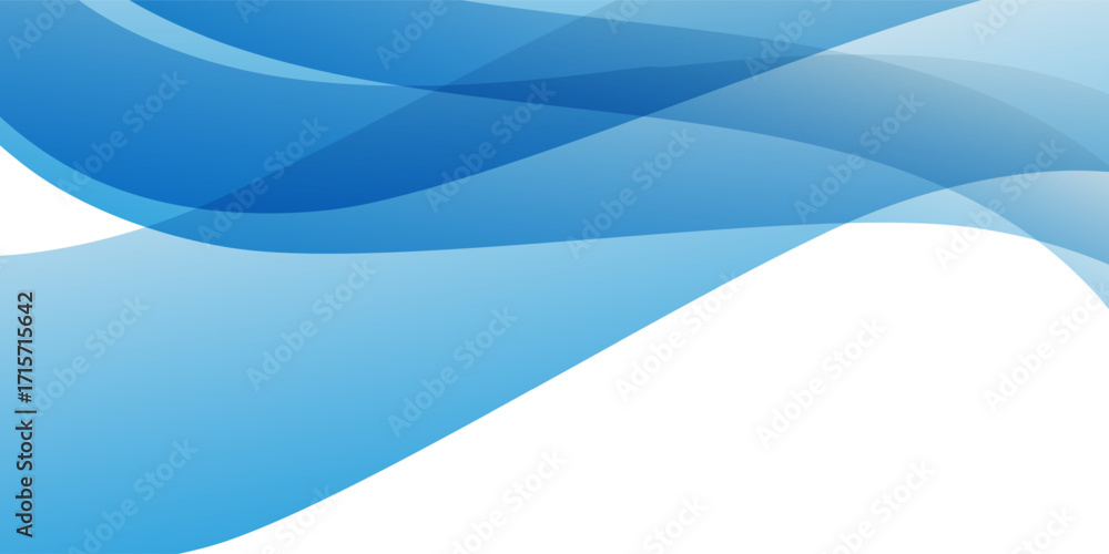 Poster modern abstract background with translucent blue waves flowing horizontally across the lower half of
