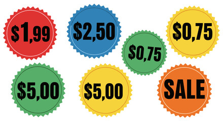 A collection of colorful circular price tag stickers with various amounts and a sale sign.