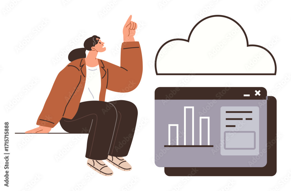 Poster woman sitting and pointing at cloud with data dashboard featuring bar chart and interface elements. 