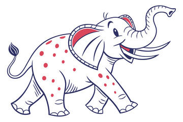 Cartoon Style White Elephant with Red Spots, outlined with Blue on White Background