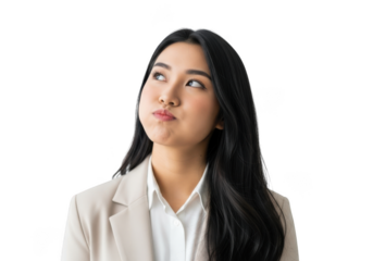 Pensive asian businesswoman looking upward with puffed cheeks studio portrait, isolated female executive with neutral expression, isolated on transparent background