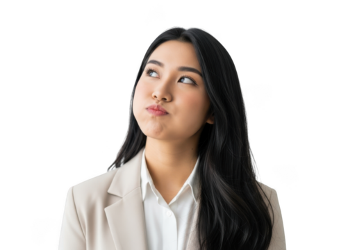 Pensive asian businesswoman looking upward with puffed cheeks studio portrait, isolated female executive with neutral expression, isolated on transparent background - Powered by Adobe