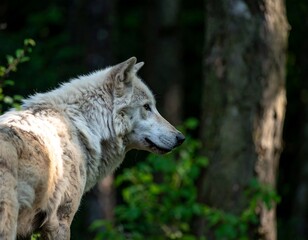 Profile of a light-colored wolf in a forest