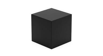 A minimalist rendering of a solid black cube centered on a plain white background in simple design