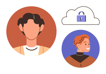 Two diverse illustrated profile avatars alongside a cloud with lock icon symbolizing digital security and personal data protection. Ideal for cybersecurity, user profiles, online safety, privacy