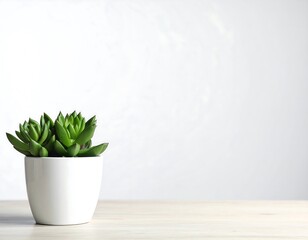 Succulent in white pot on light wood