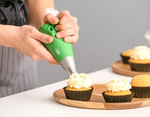 Woman decorating cupcakes with icing