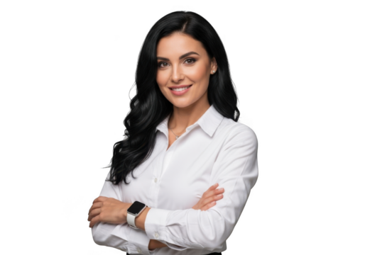 Professional brunette woman in white shirt with arms crossed smiling business portrait stock photo isolated on transparent background