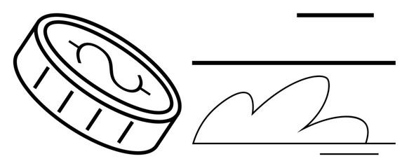 Coin with dollar sign in motion beside dynamic lines and a cloud. Ideal for finance, economy, currency, growth, wealth, motion, and innovation themes. Simple flat metaphor