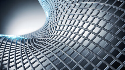 Abstract silver metal grid forming a curved structure with blue light accents on the left side 