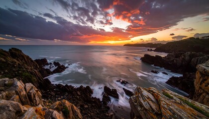 A dramatic coastal sunset with vibrant orange and purple clouds over rocky cliffs and the ocean.