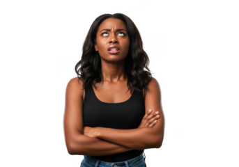 African american woman with arms crossed looking upward in disbelief or annoyance stock photo, high resolution image, isolated on transparent background